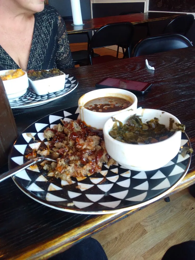 Pulled Pork Plate with Baked Beans and Greens